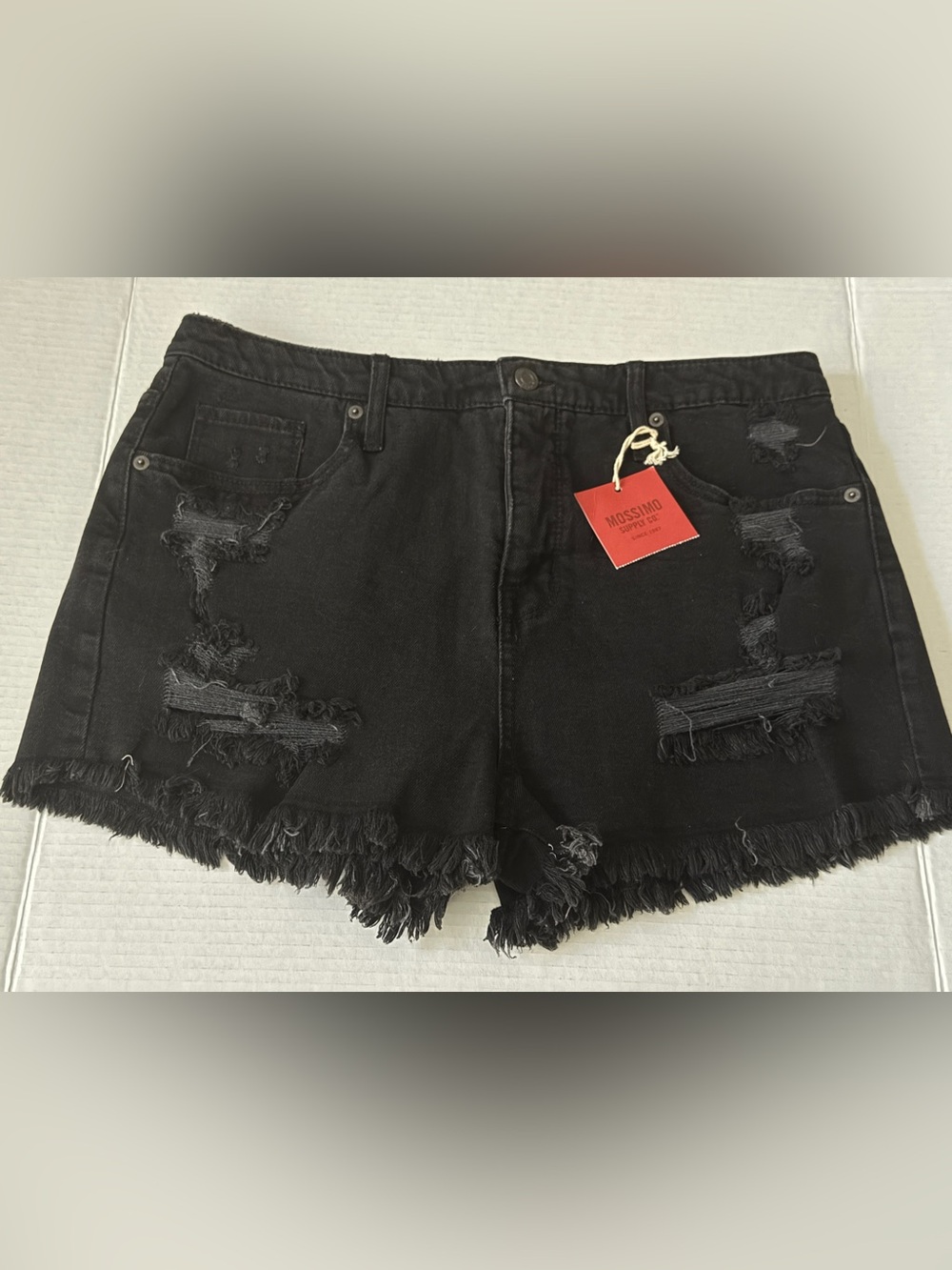 Mossimo Black Distressed Denim Jean Shorts High Rise Fringe Hem Women's Size 14